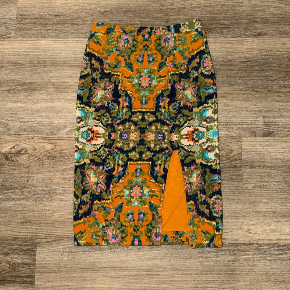 Maeve Anthropologie Orange Ikat Tapestry Print Pencil Skirt Front Slit Small